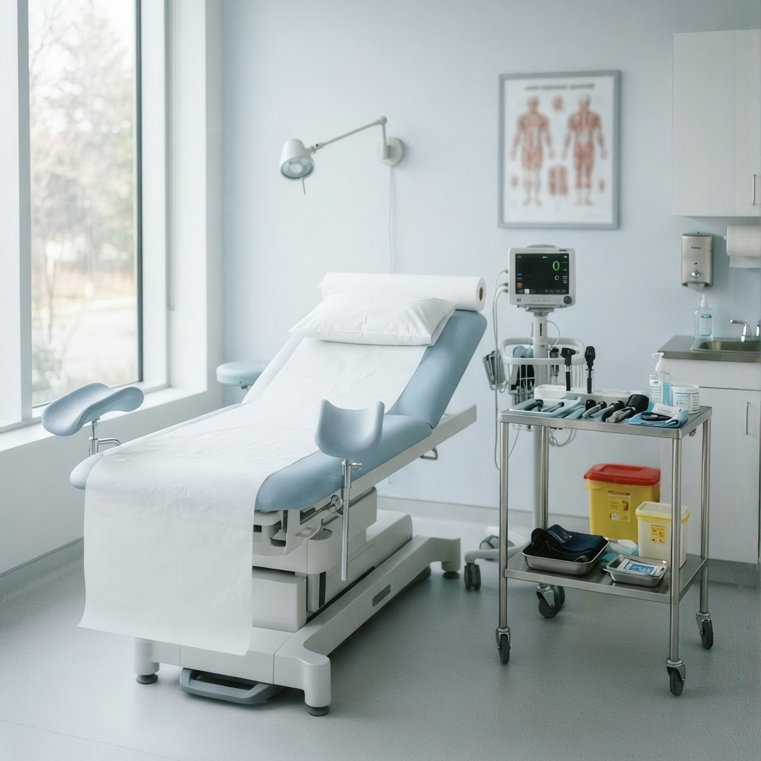 Hospital cleaning services for a medical exam room with a patient chair and equipment.