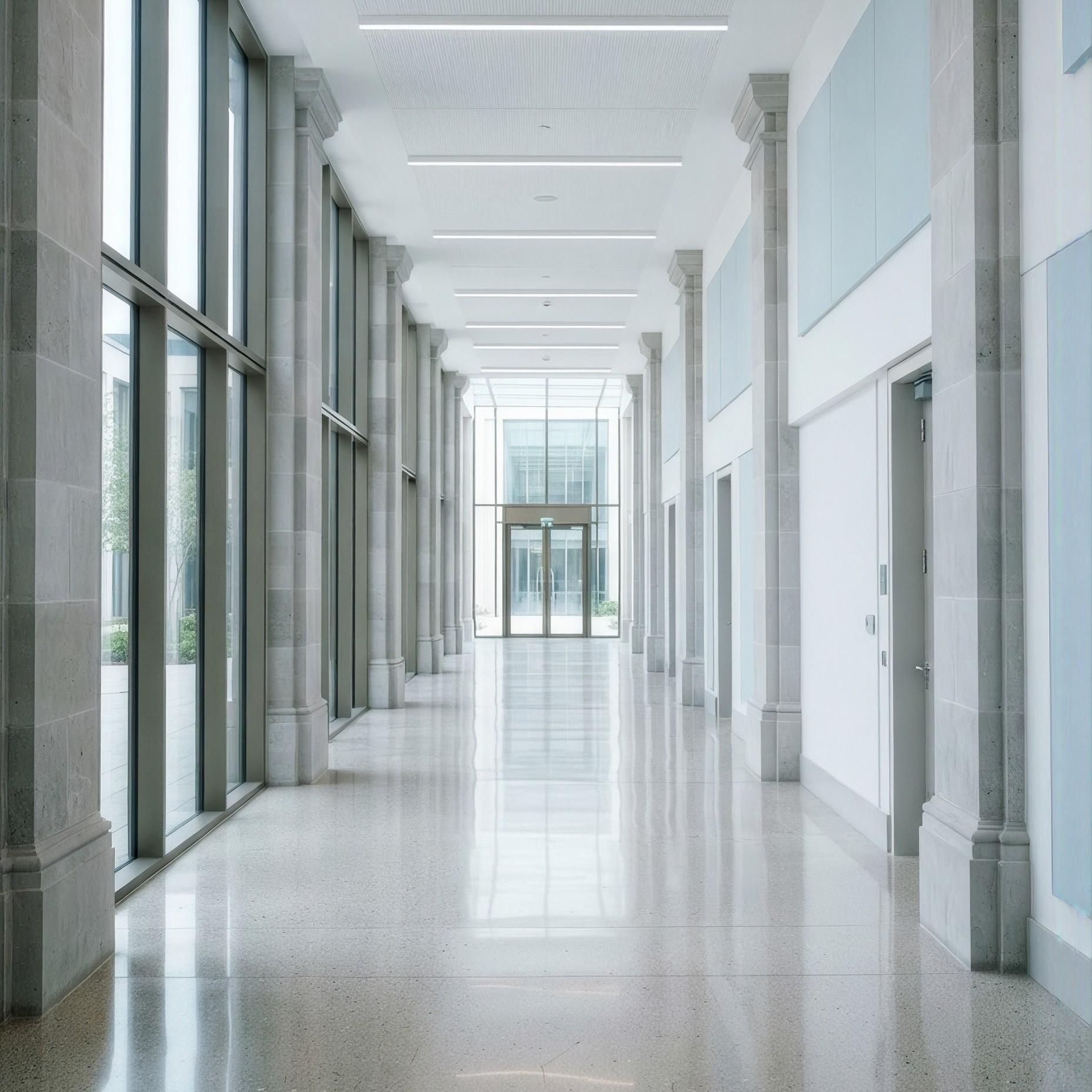 Government facility cleaning services for a sunlit corridor with polished floors.