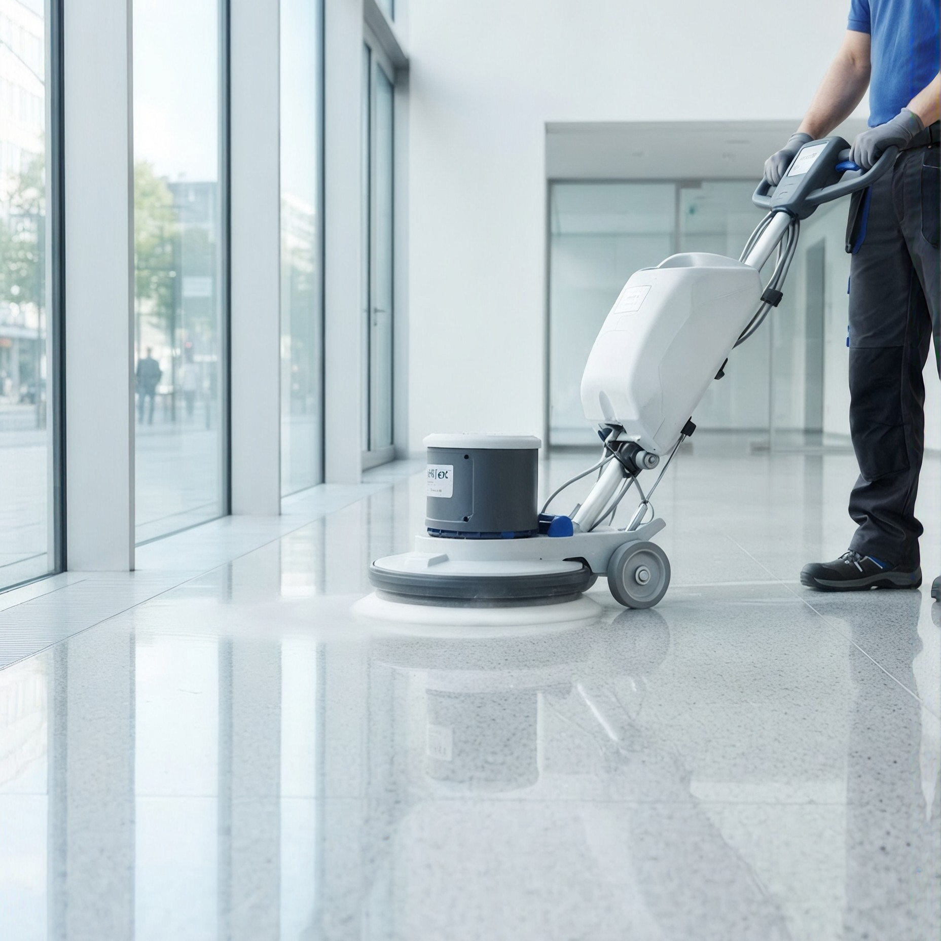 Worker buffing a corridor floor as part of commercial facility support services.