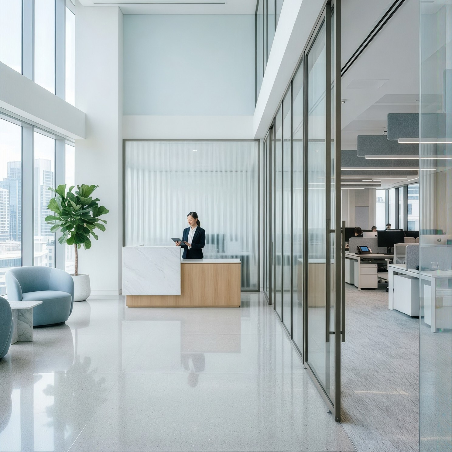 Office cleaning services for a bright, glass-walled reception area.
